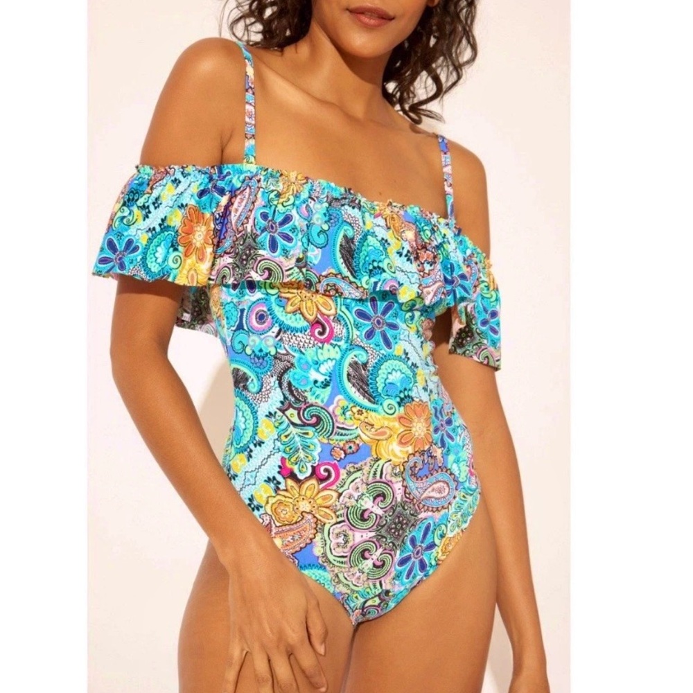 Bleu Rod Beattie Let Loose Turquoise Multi Paisley Ruffle One-Piece SZ 12 - Picture 3 of 12